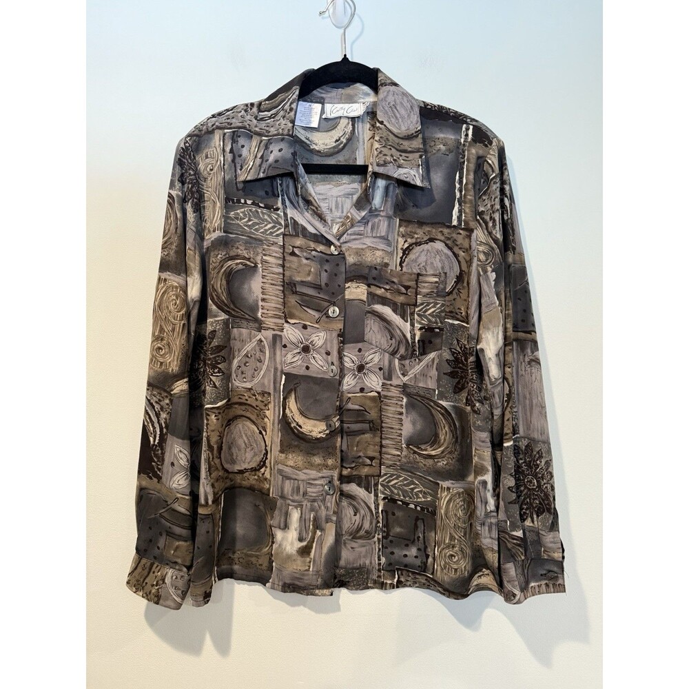 Vtg Kathy Che Top Womens 14 Button Up Floral Celestial Moon Art to Wear Travel